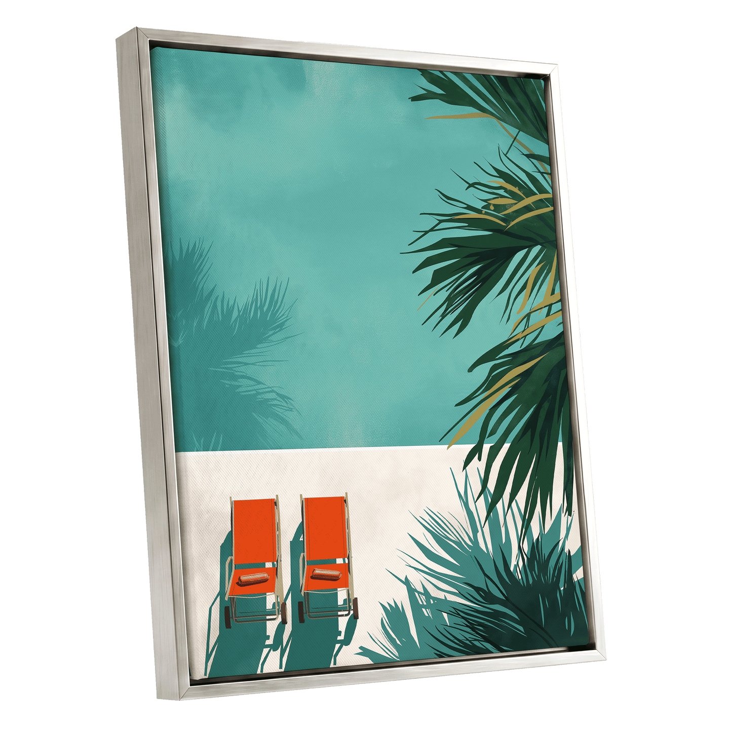 Poolside Palm Shadows, blue, green, beige nature wall art shown as a silver framed canvas wall art