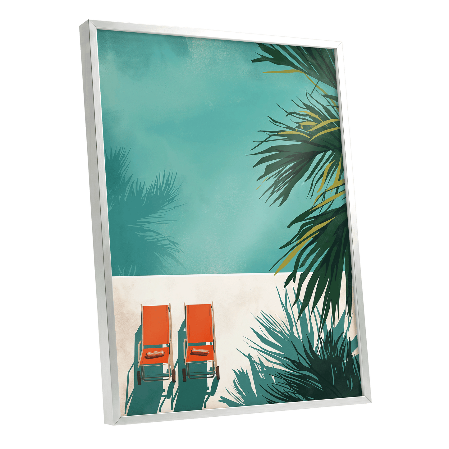 Poolside Palm Shadows, blue, green, beige nature wall art shown as a silver framed poster wall art print