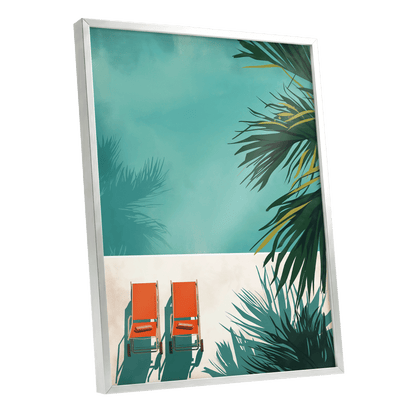 Poolside Palm Shadows, blue, green, beige nature wall art shown as a silver framed poster wall art print