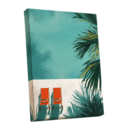 Poolside Palm Shadows, blue, green, beige nature wall art shown as a stretched canvas wall art