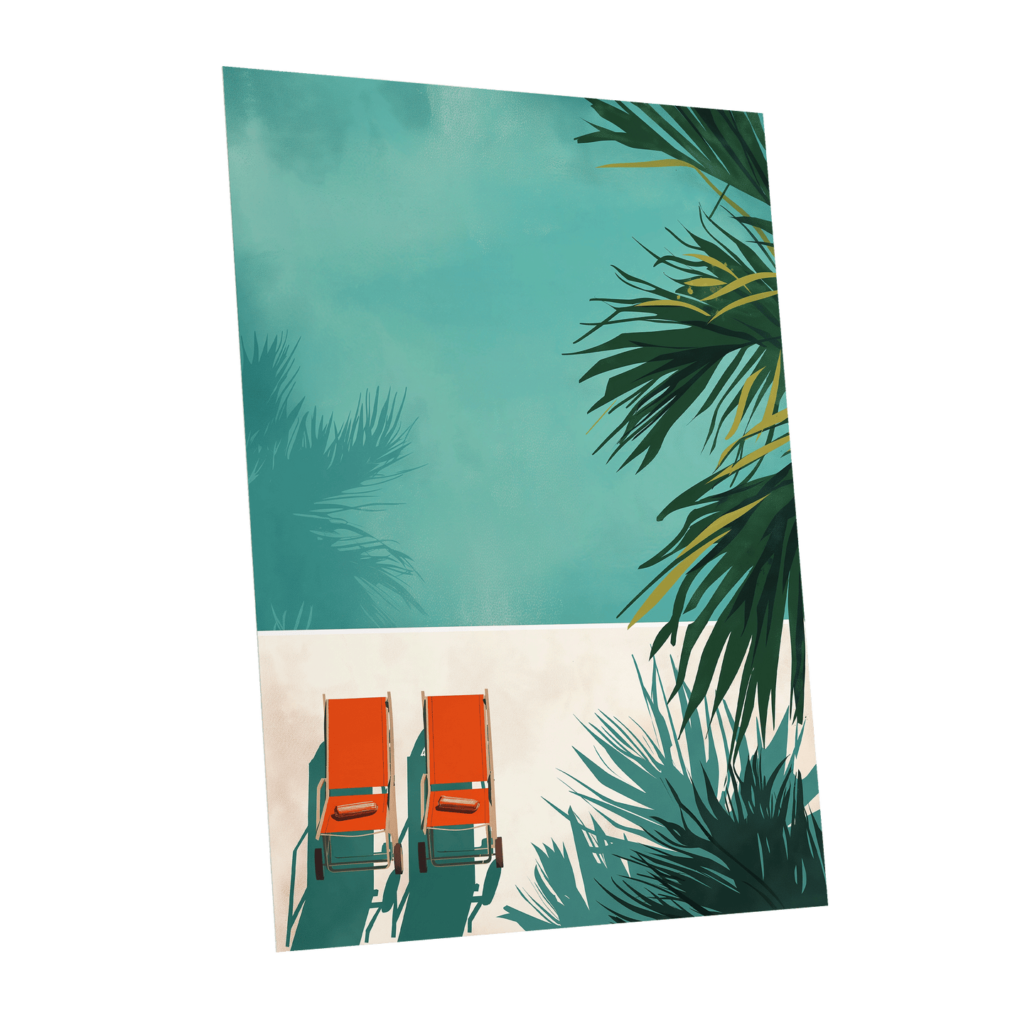 Poolside Palm Shadows, blue, green, beige nature wall art shown as a unframed poster wall art print