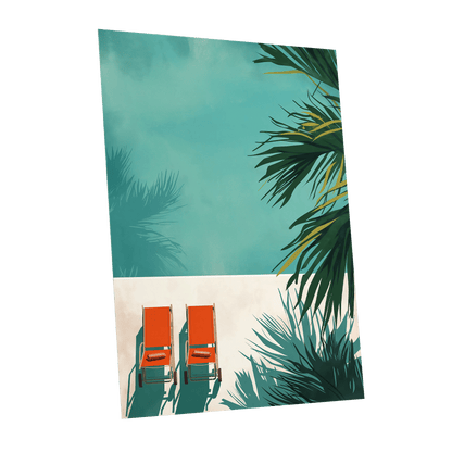 Poolside Palm Shadows, blue, green, beige nature wall art shown as a unframed poster wall art print