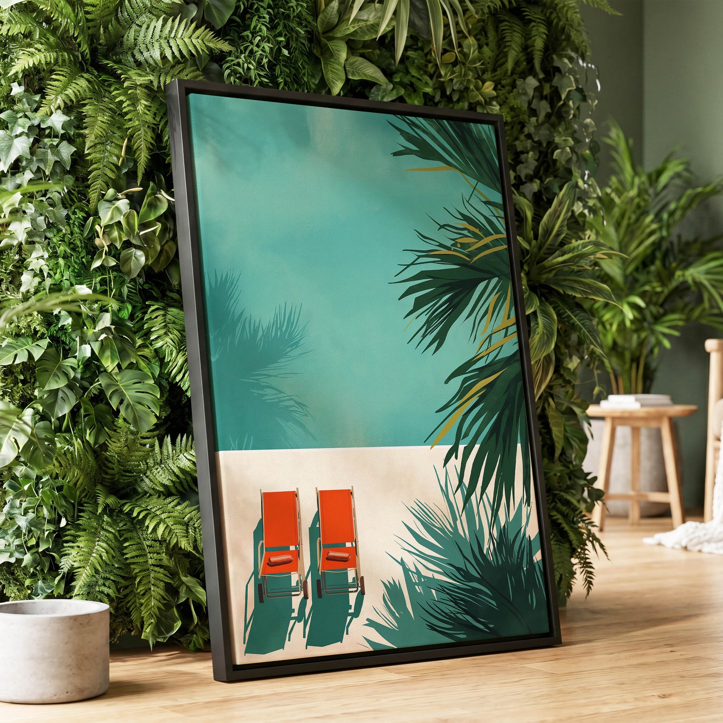 Poolside Palm Shadows, blue, green, beige nature wall art displayed in a styled interior, gallery view 1