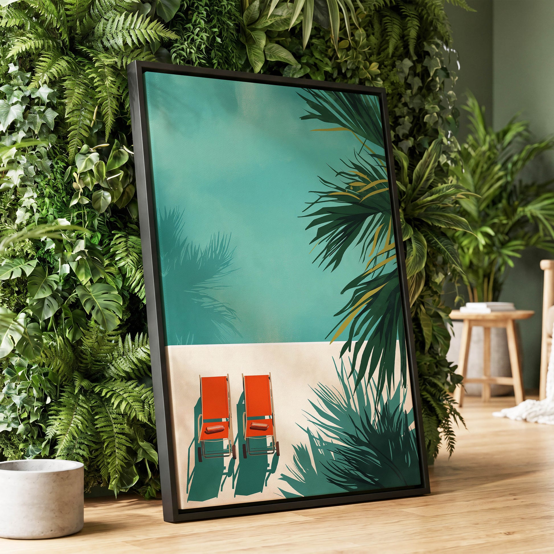 Poolside Palm Shadows, blue, green, beige nature wall art displayed in a styled interior, gallery view 1