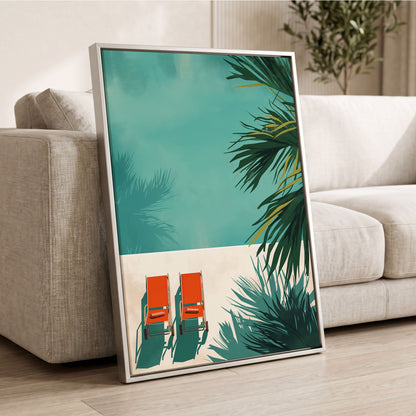 Poolside Palm Shadows, blue, green, beige nature wall art displayed in a styled interior, gallery view 2