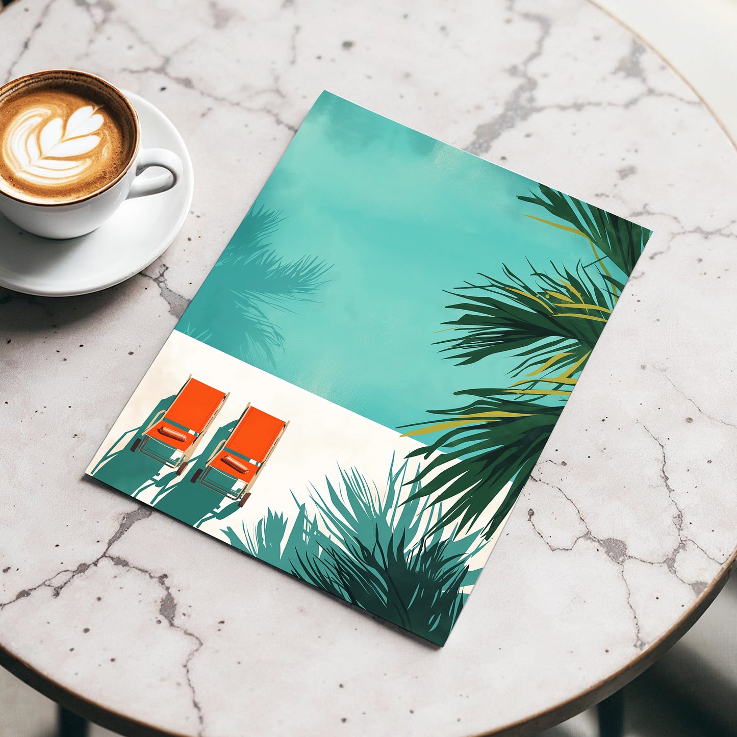 Poolside Palm Shadows, blue, green, beige nature wall art displayed in a styled interior, gallery view 3