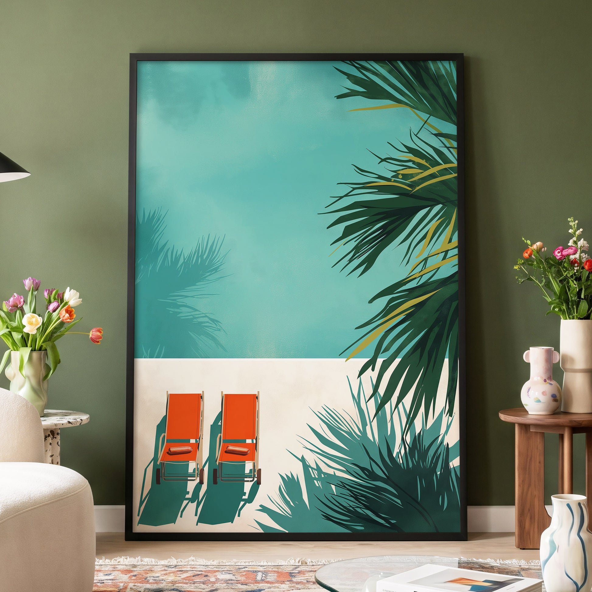Poolside Palm Shadows, blue, green, beige nature wall art displayed in a styled interior, gallery view 4