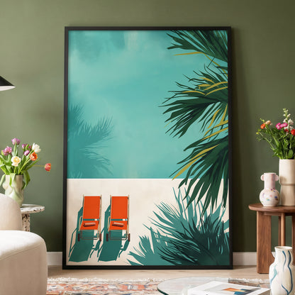Poolside Palm Shadows, blue, green, beige nature wall art displayed in a styled interior, gallery view 4