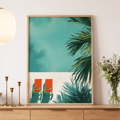 Poolside Palm Shadows, blue, green, beige nature wall art displayed in a styled interior, gallery view 5