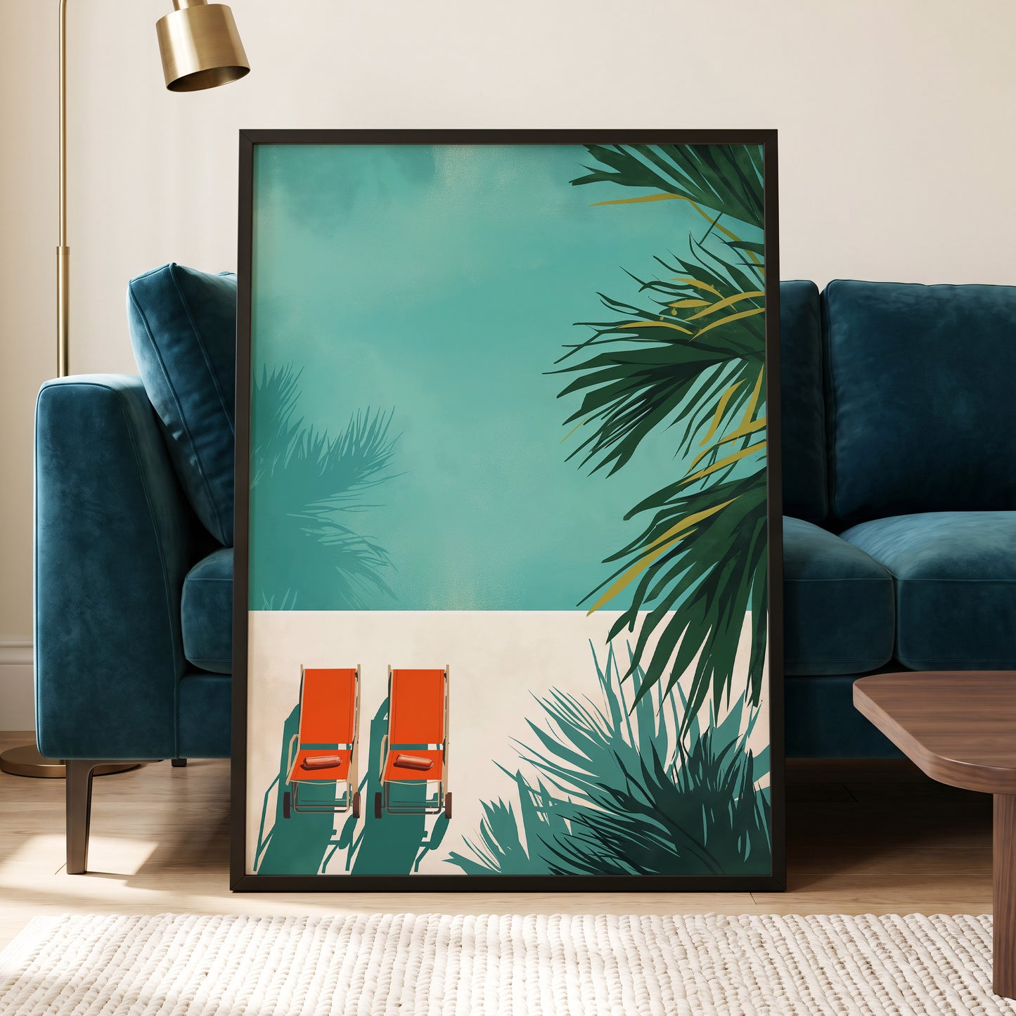 Poolside Palm Shadows, blue, green, beige nature wall art displayed in a styled interior, gallery view 6
