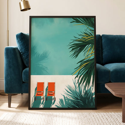 Poolside Palm Shadows, blue, green, beige nature wall art displayed in a styled interior, gallery view 6