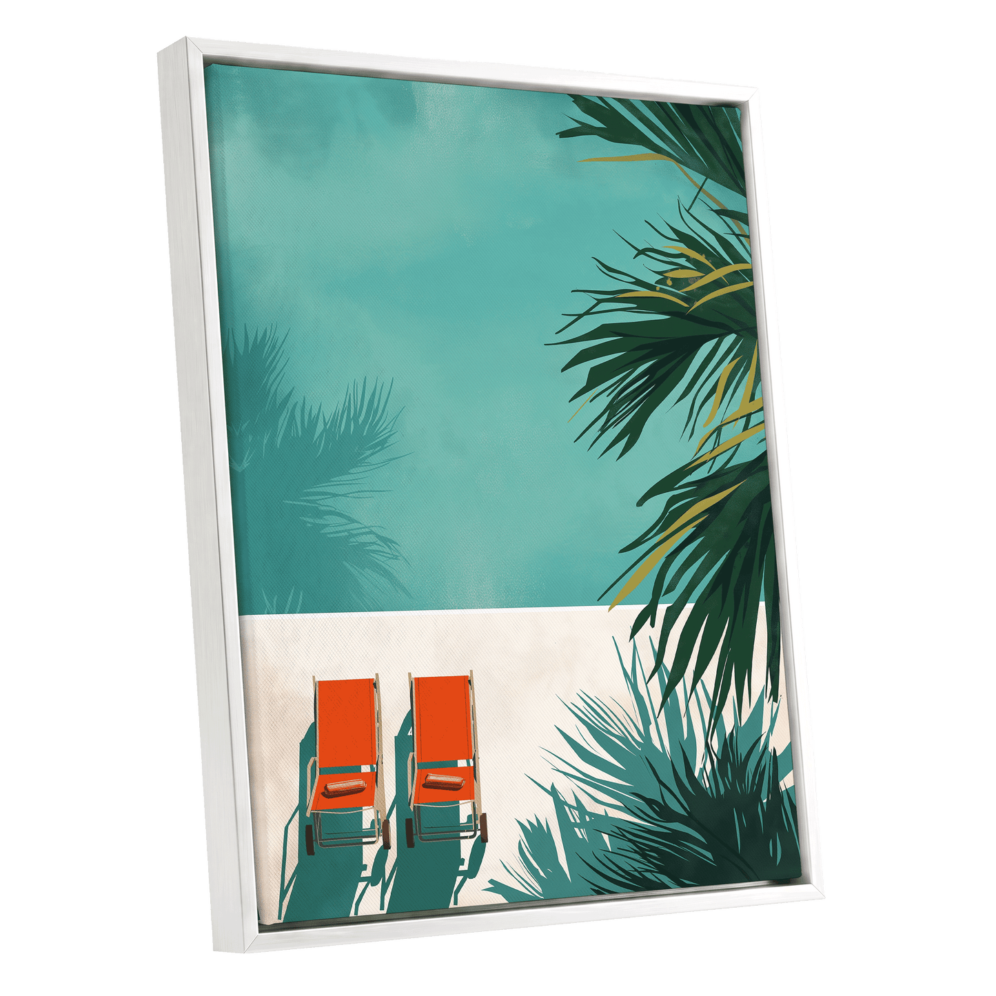 Poolside Palm Shadows, blue, green, beige nature wall art shown as a white framed canvas wall art