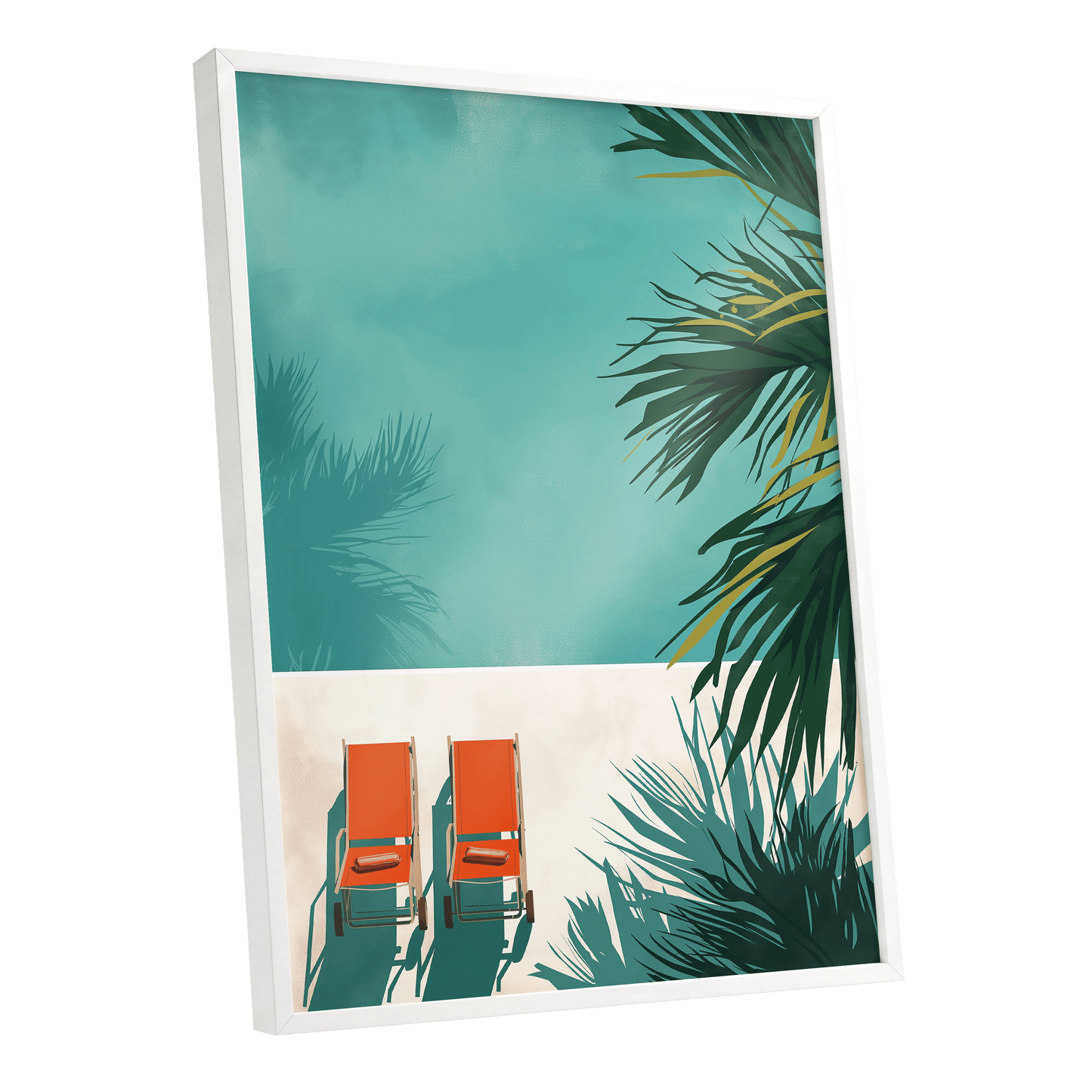 Poolside Palm Shadows, blue, green, beige nature wall art shown as a white framed poster wall art print