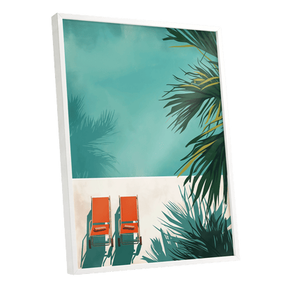 Poolside Palm Shadows, blue, green, beige nature wall art shown as a white framed poster wall art print