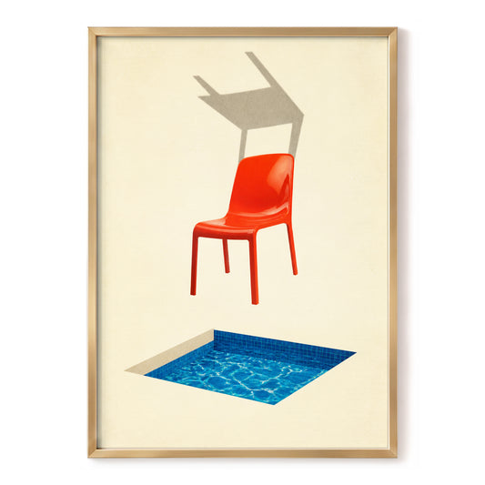 Poolside Paradox, beige, red, blue minimalist wall art, front artwork view