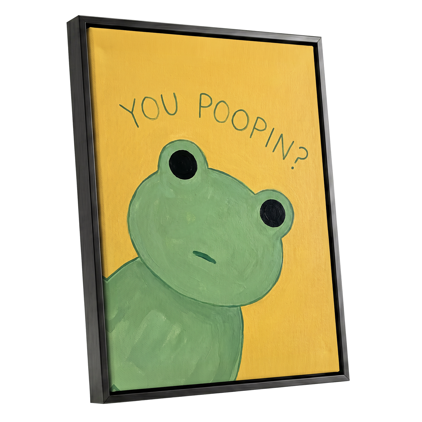 Poop Pending, green, yellow, black nature wall art shown as a black framed canvas wall art