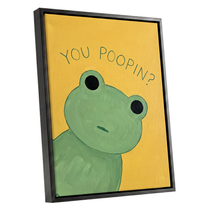 Poop Pending, green, yellow, black nature wall art shown as a black framed canvas wall art