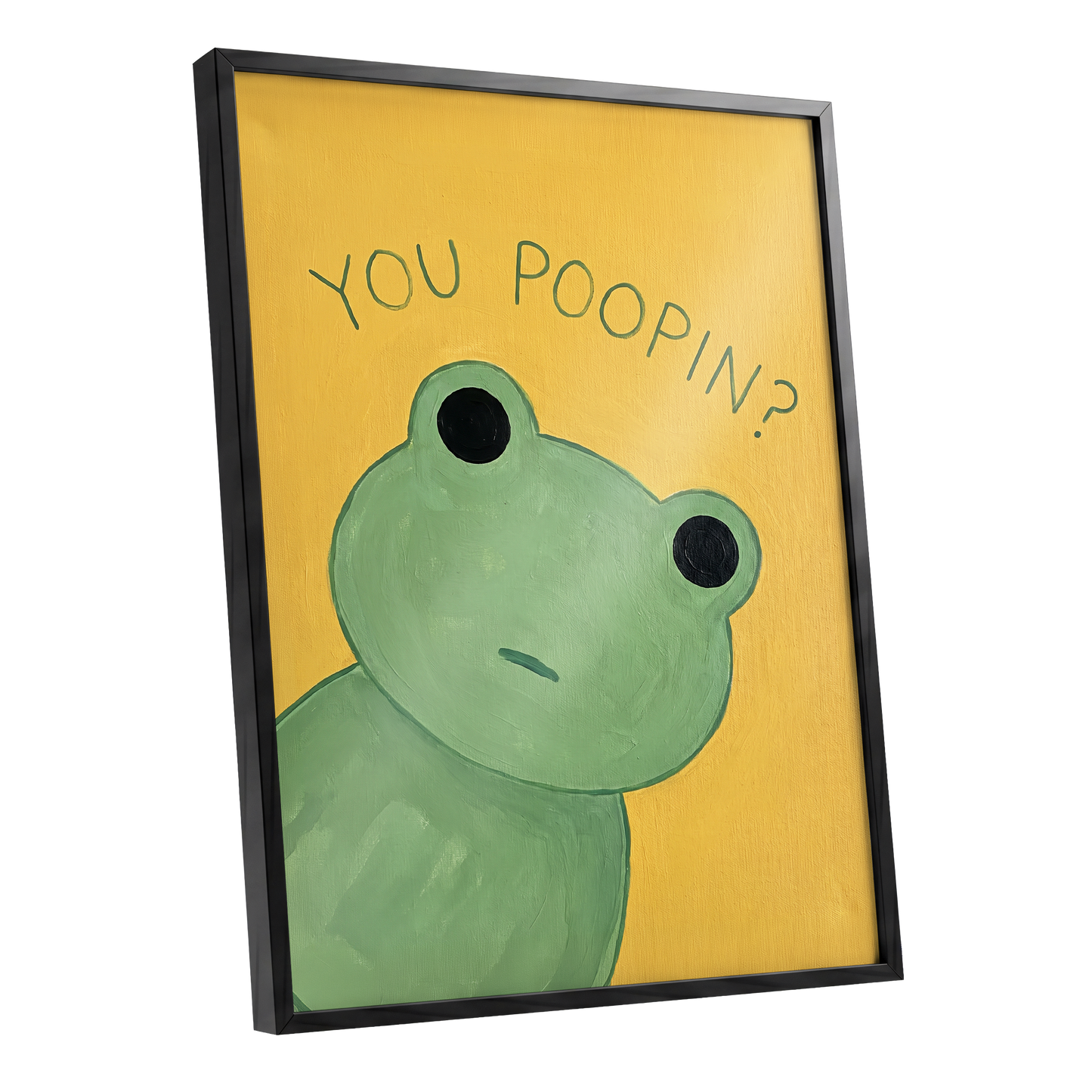 Poop Pending, green, yellow, black nature wall art shown as a black framed poster wall art print