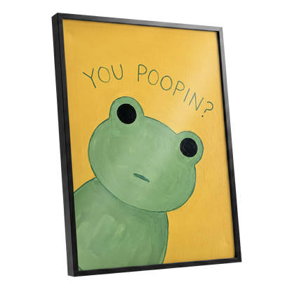 Poop Pending, green, yellow, black nature wall art shown as a black framed poster wall art print