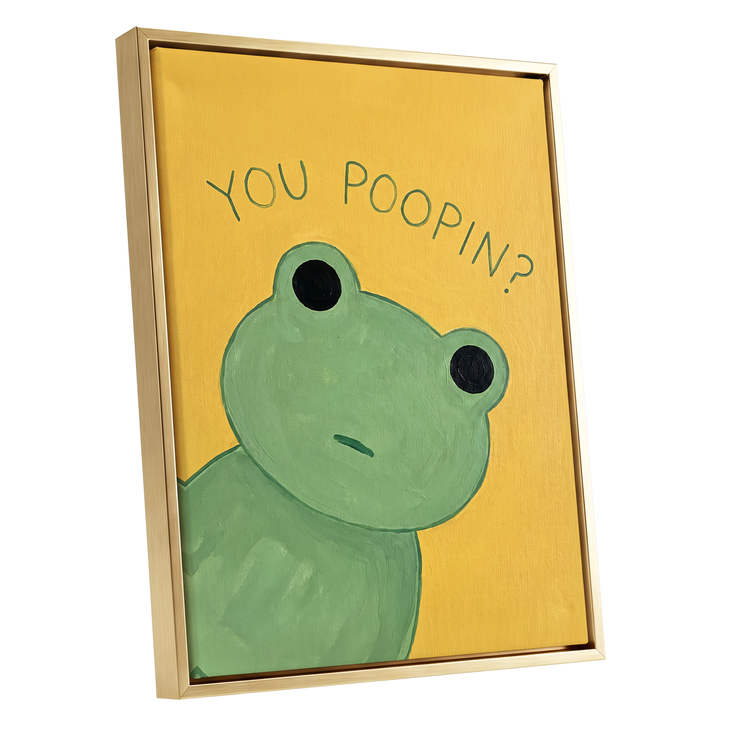 Poop Pending, green, yellow, black nature wall art shown as a gold framed canvas wall art
