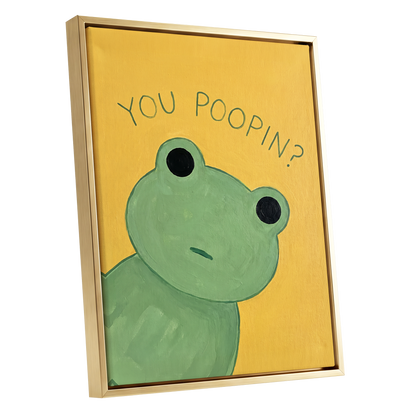 Poop Pending, green, yellow, black nature wall art shown as a gold framed canvas wall art
