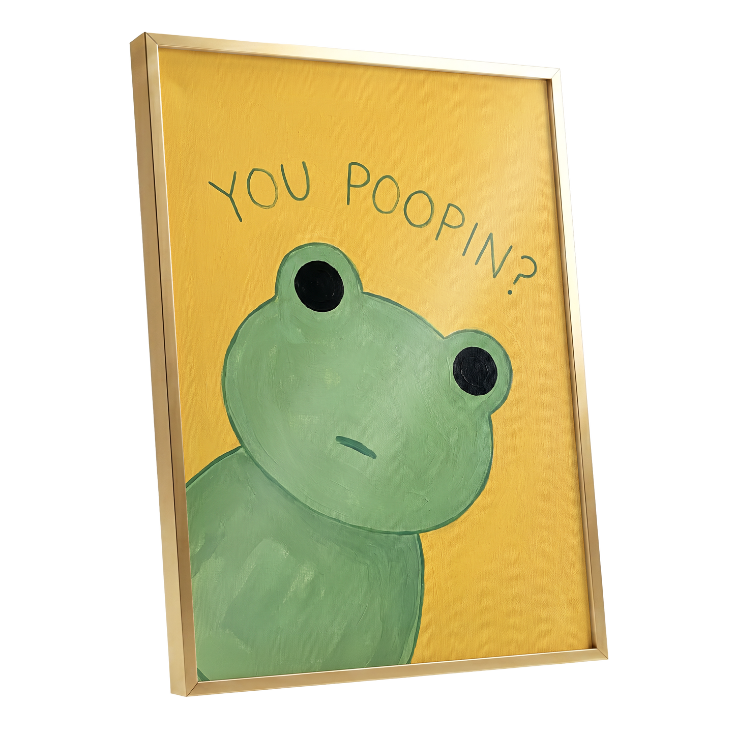 Poop Pending, green, yellow, black nature wall art shown as a gold framed poster wall art print
