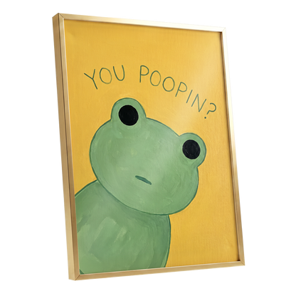 Poop Pending, green, yellow, black nature wall art shown as a gold framed poster wall art print