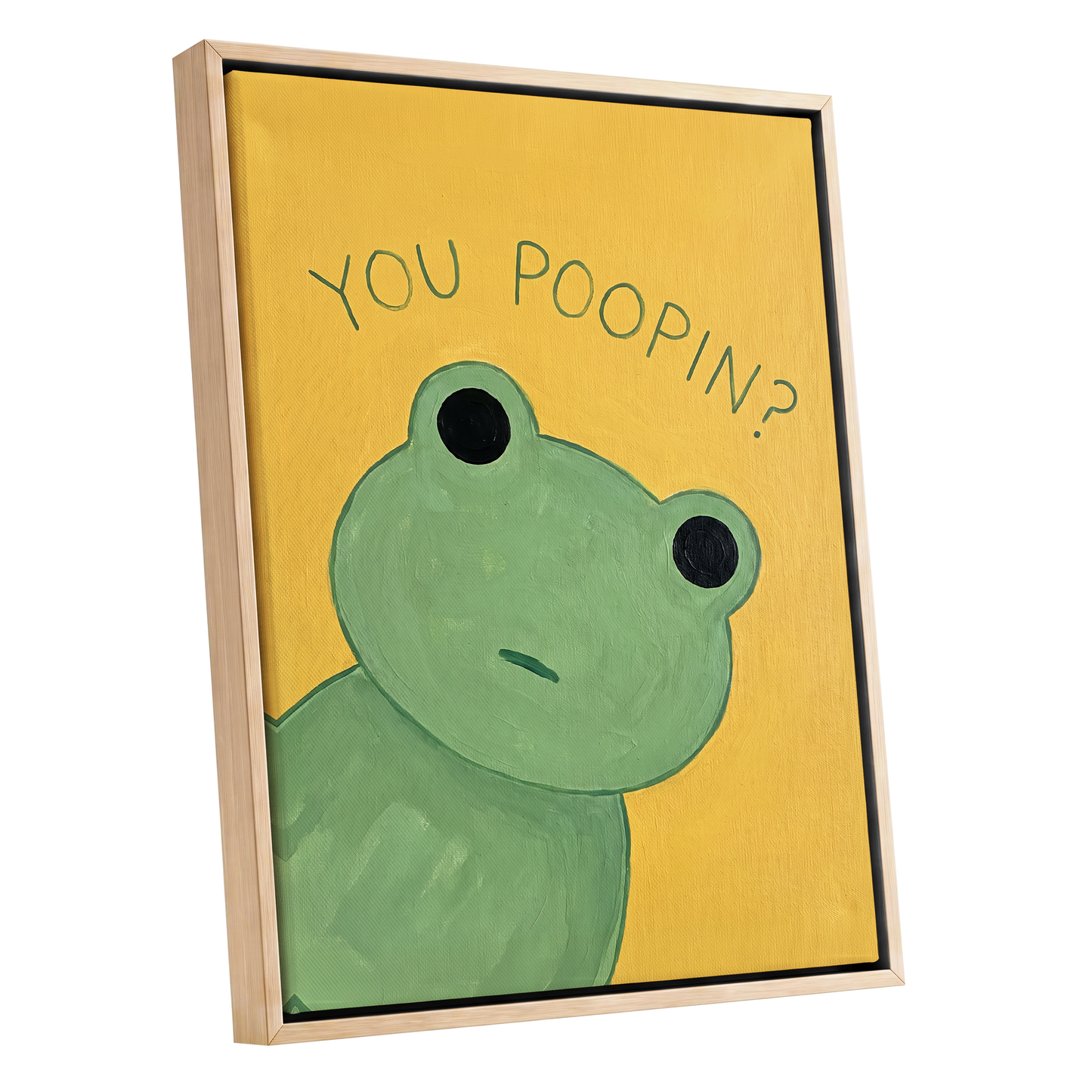 Poop Pending, green, yellow, black nature wall art shown as a oak framed canvas wall art