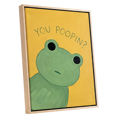 Poop Pending, green, yellow, black nature wall art shown as a oak framed canvas wall art