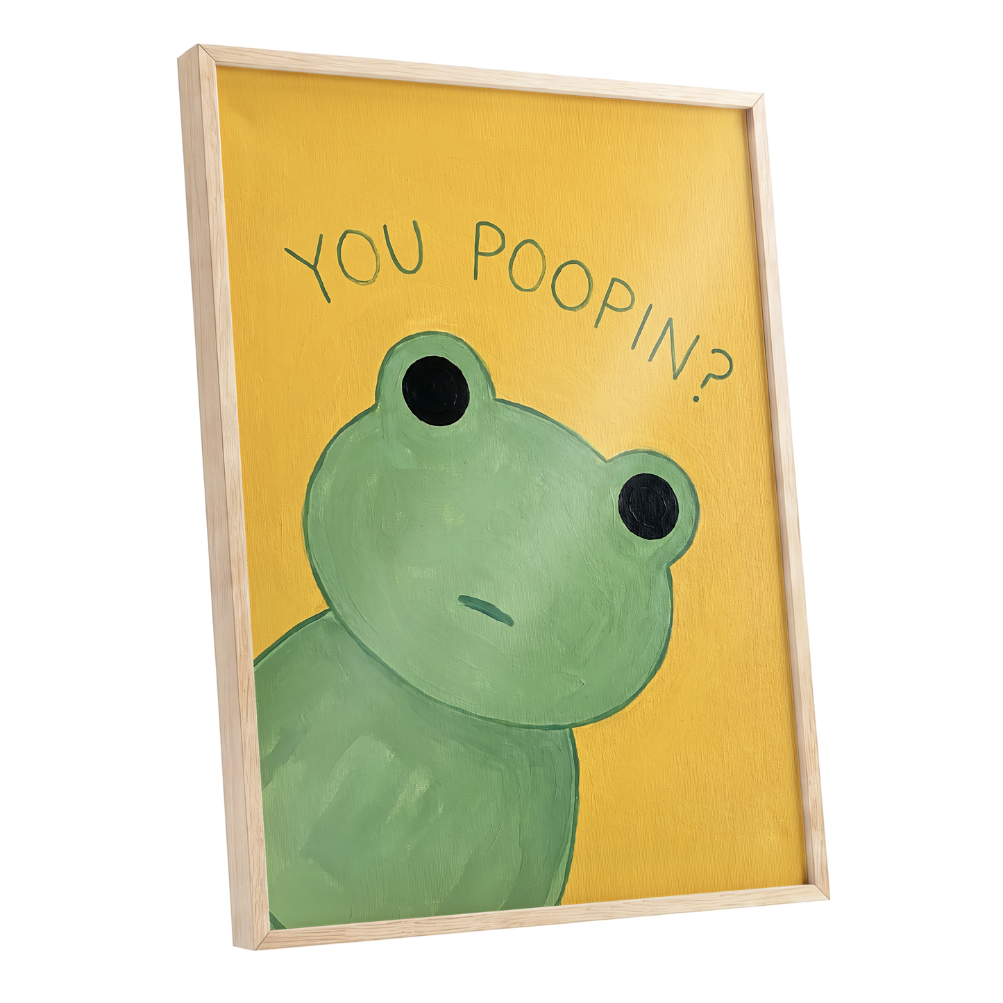 Poop Pending, green, yellow, black nature wall art shown as a oak framed poster wall art print