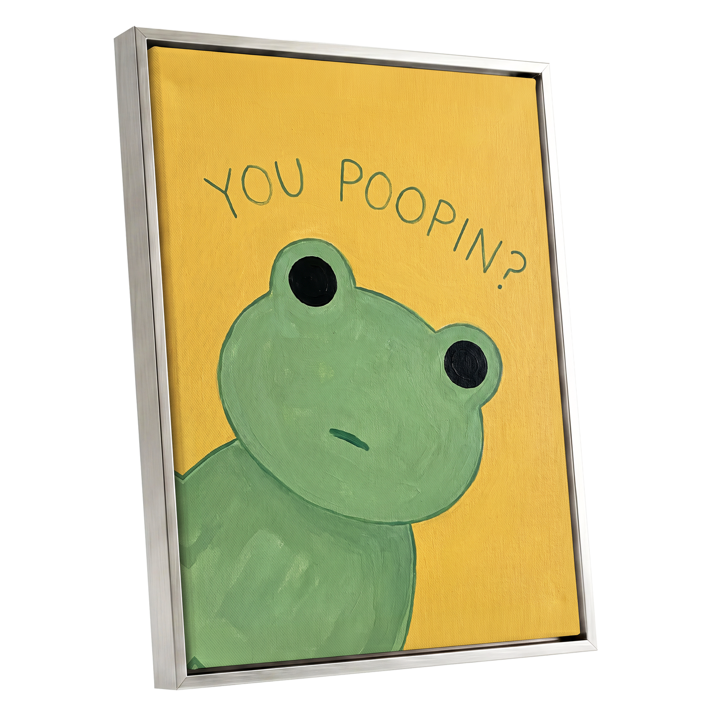 Poop Pending, green, yellow, black nature wall art shown as a silver framed canvas wall art