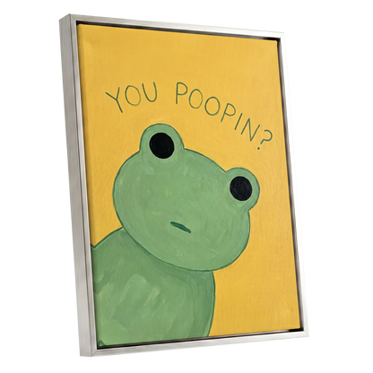 Poop Pending, green, yellow, black nature wall art shown as a silver framed canvas wall art