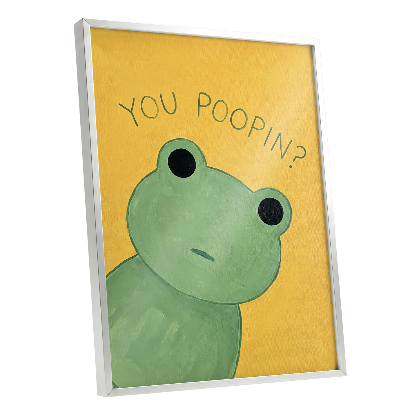 Poop Pending, green, yellow, black nature wall art shown as a silver framed poster wall art print