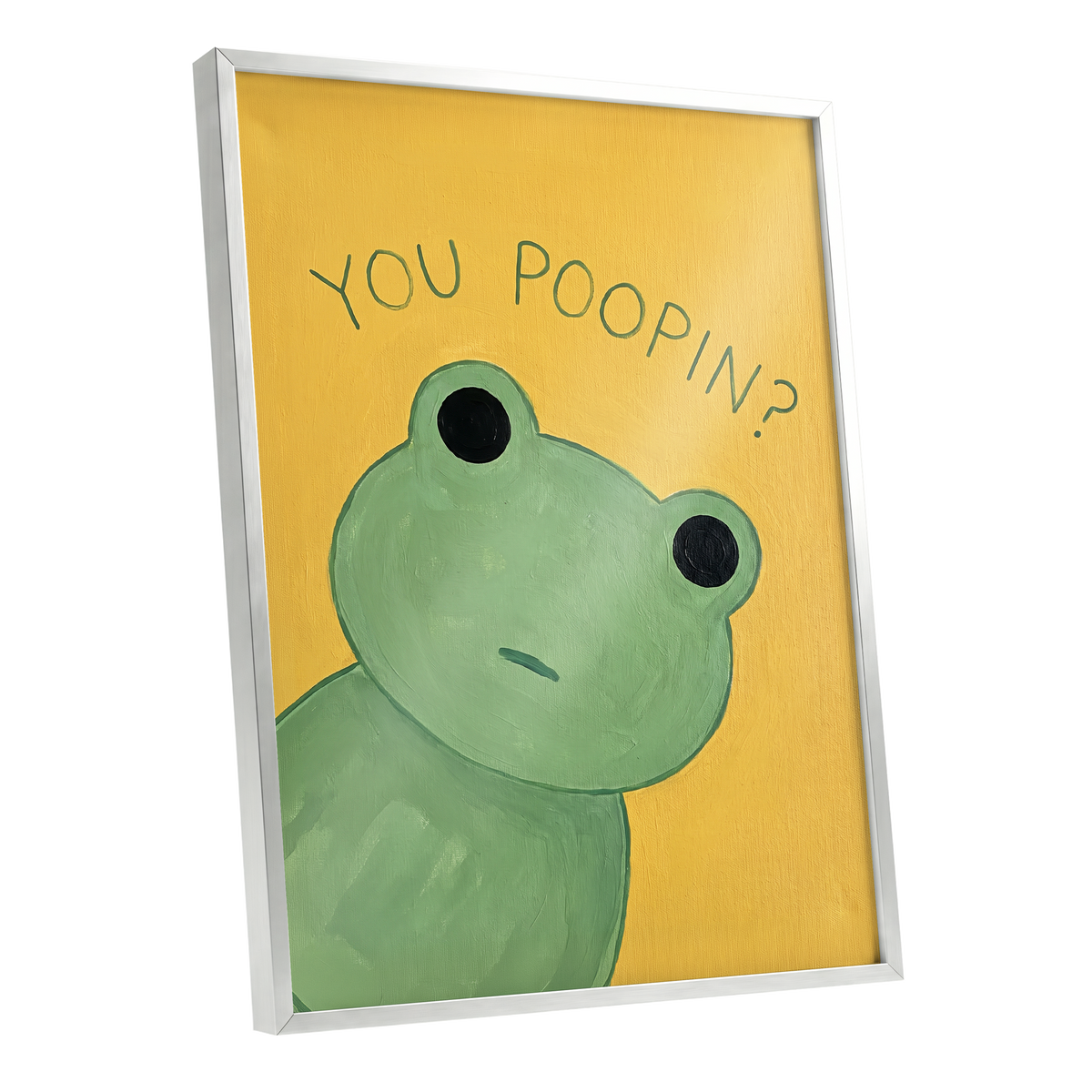 Poop Pending, green, yellow, black nature wall art shown as a silver framed poster wall art print