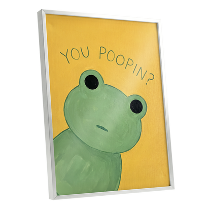 Poop Pending, green, yellow, black nature wall art shown as a silver framed poster wall art print