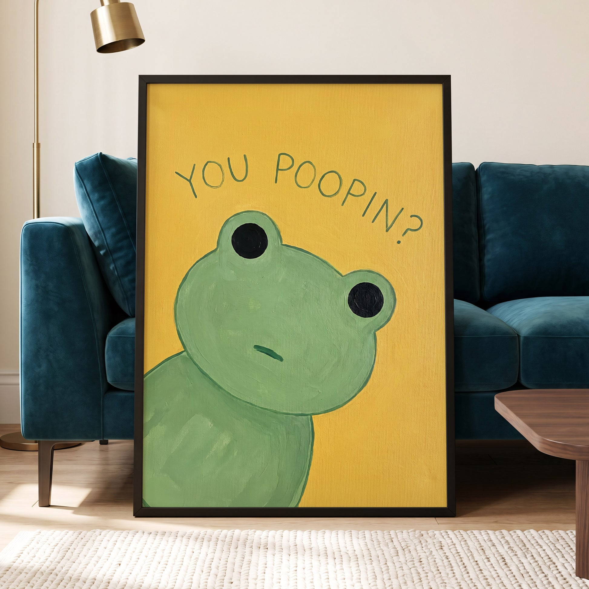 Poop Pending, green, yellow, black nature wall art displayed in a styled interior, gallery view 2