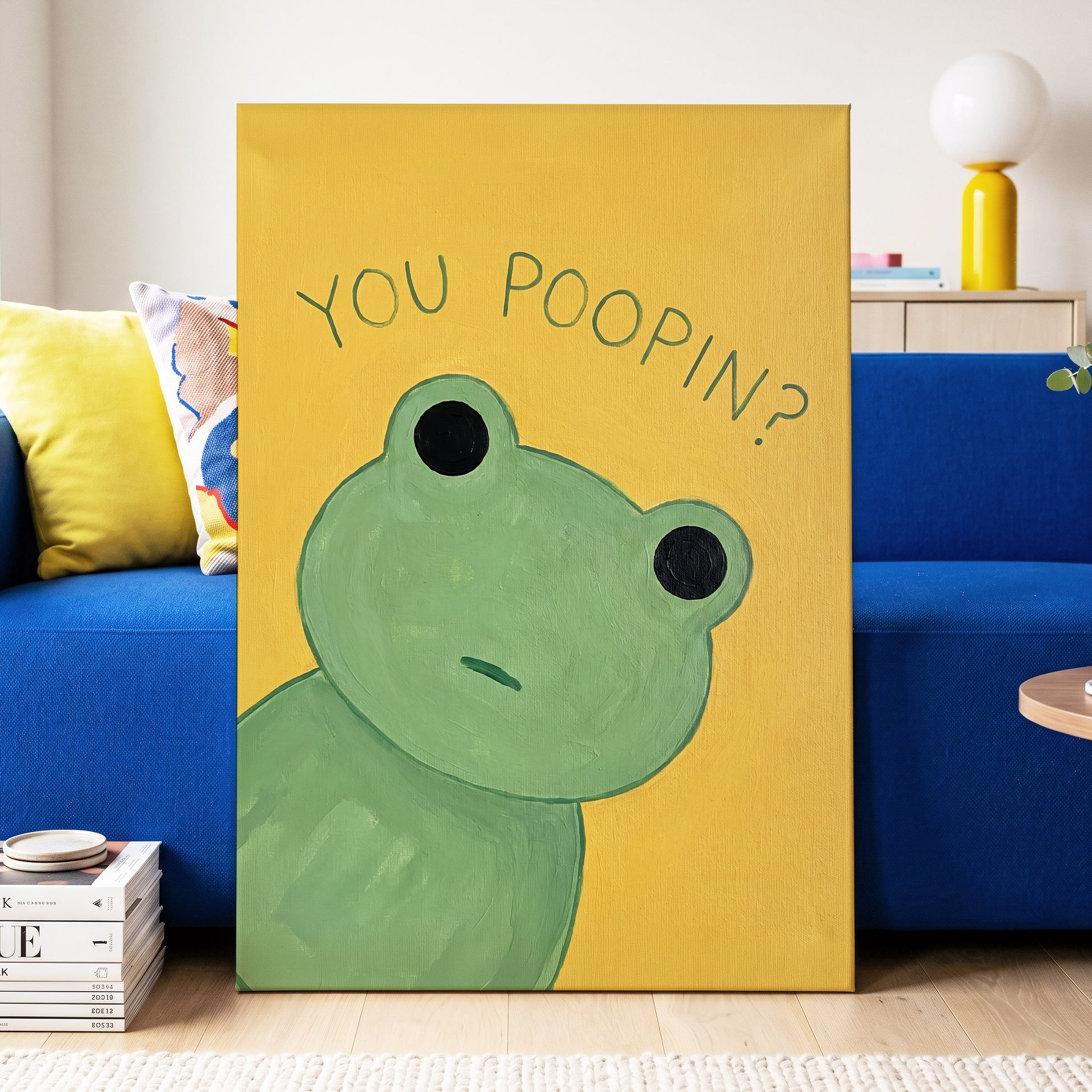 Poop Pending, green, yellow, black nature wall art displayed in a styled interior, gallery view 3