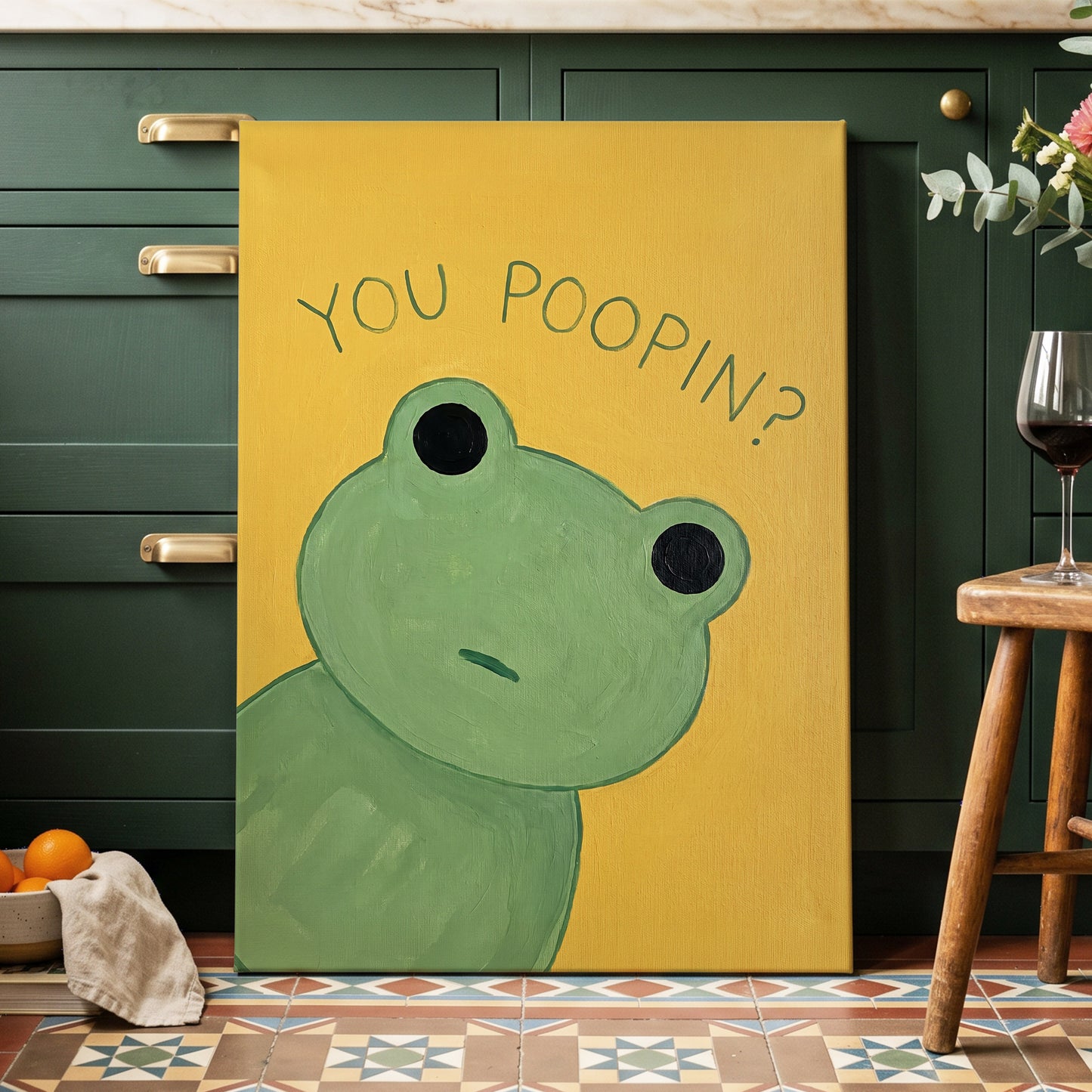 Poop Pending, green, yellow, black nature wall art displayed in a styled interior, gallery view 7