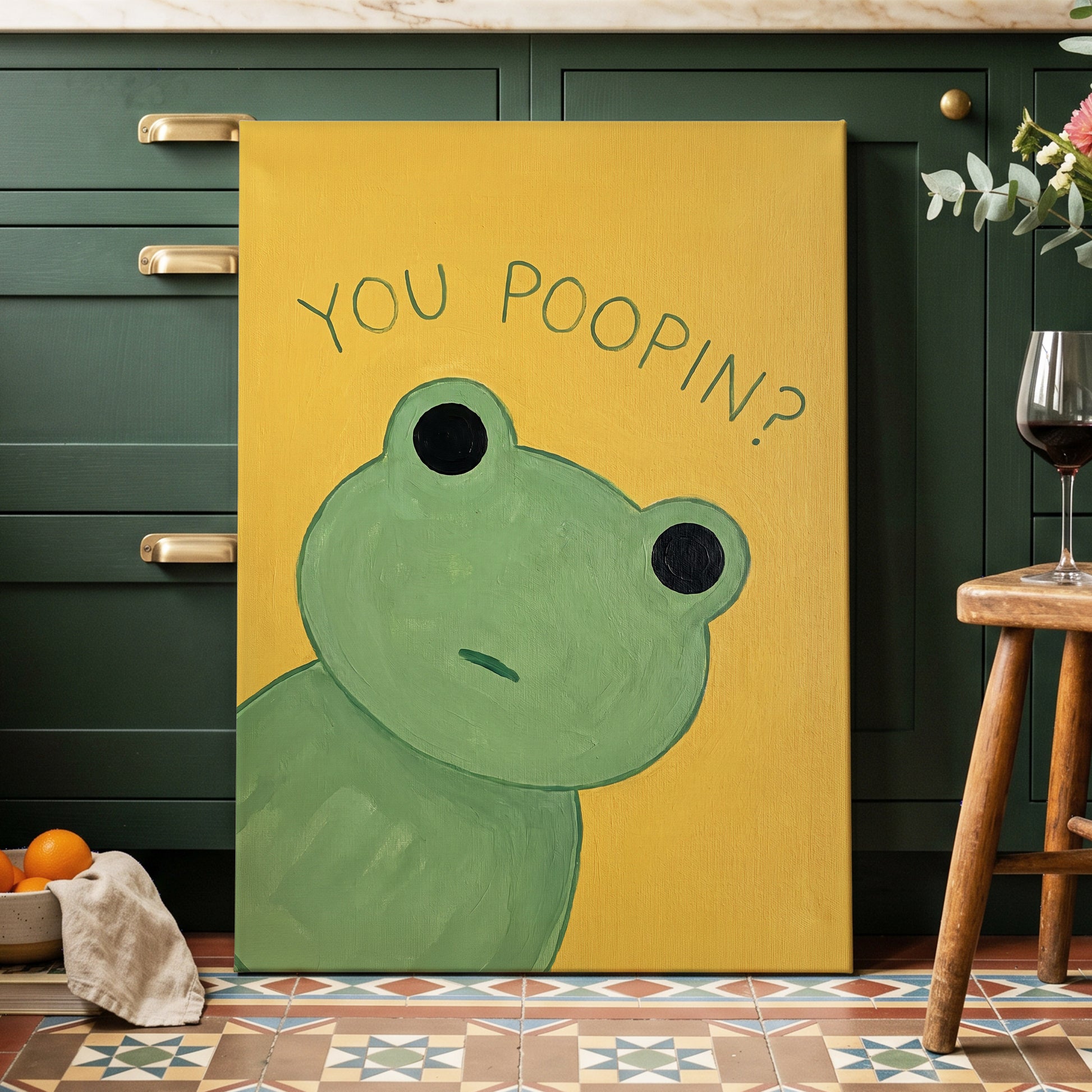 Poop Pending, green, yellow, black nature wall art displayed in a styled interior, gallery view 7