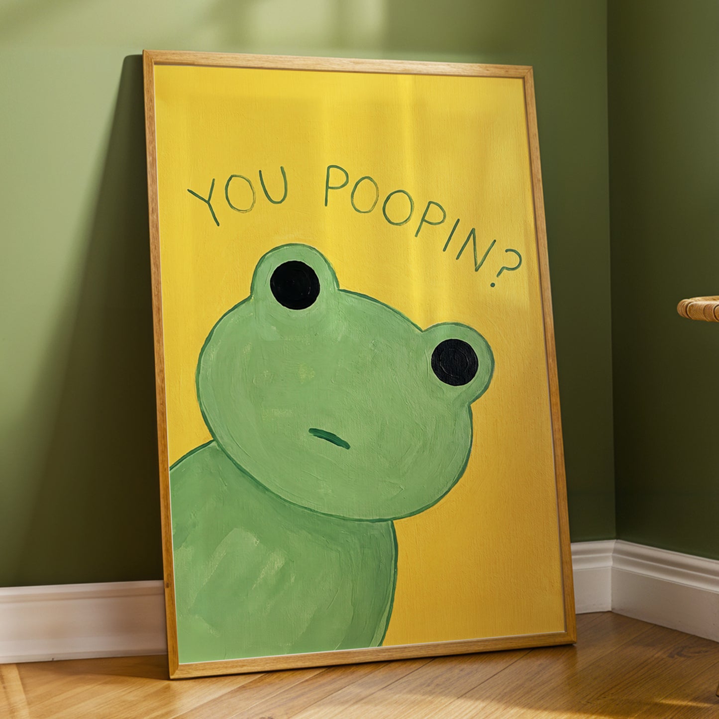Poop Pending, green, yellow, black nature wall art displayed in a styled interior, gallery view 9