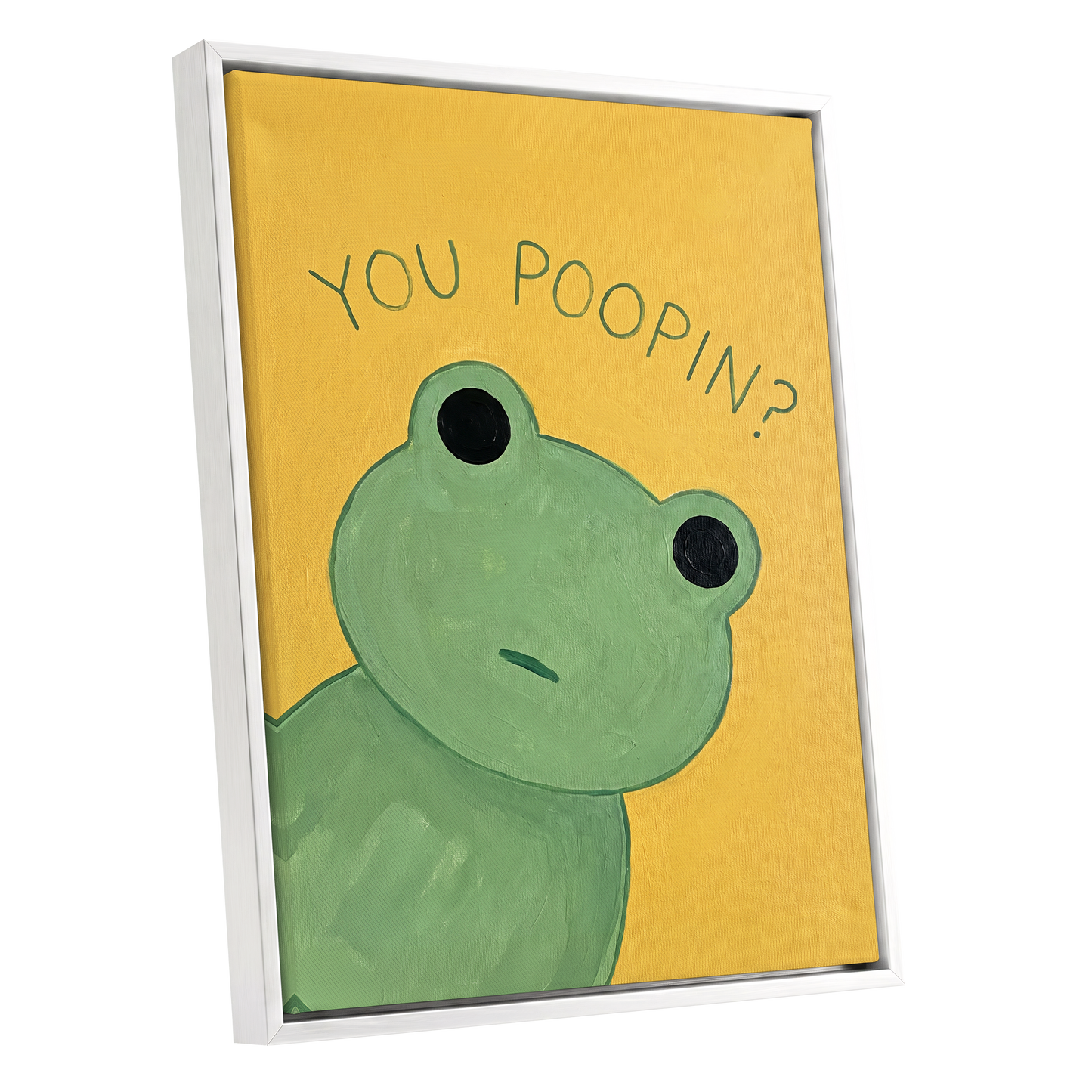 Poop Pending, green, yellow, black nature wall art shown as a white framed canvas wall art