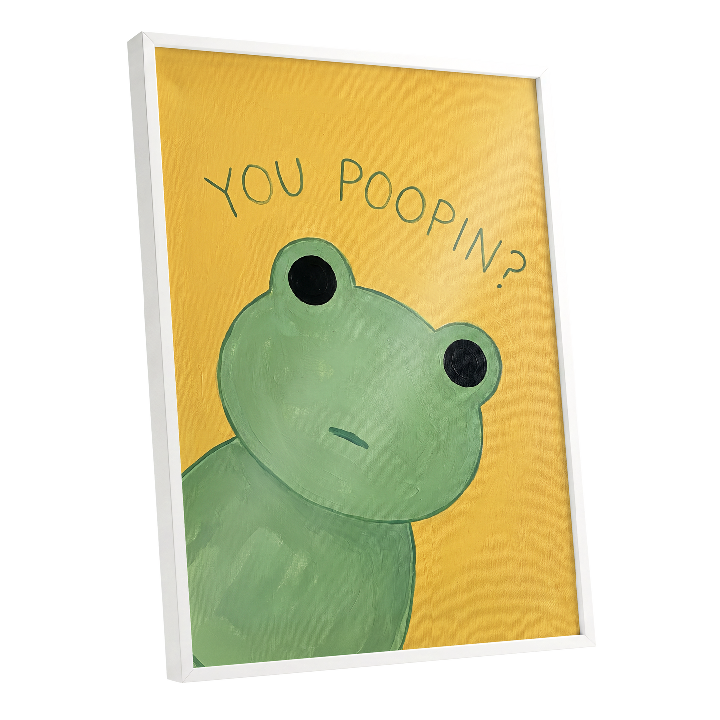 Poop Pending, green, yellow, black nature wall art shown as a white framed poster wall art print