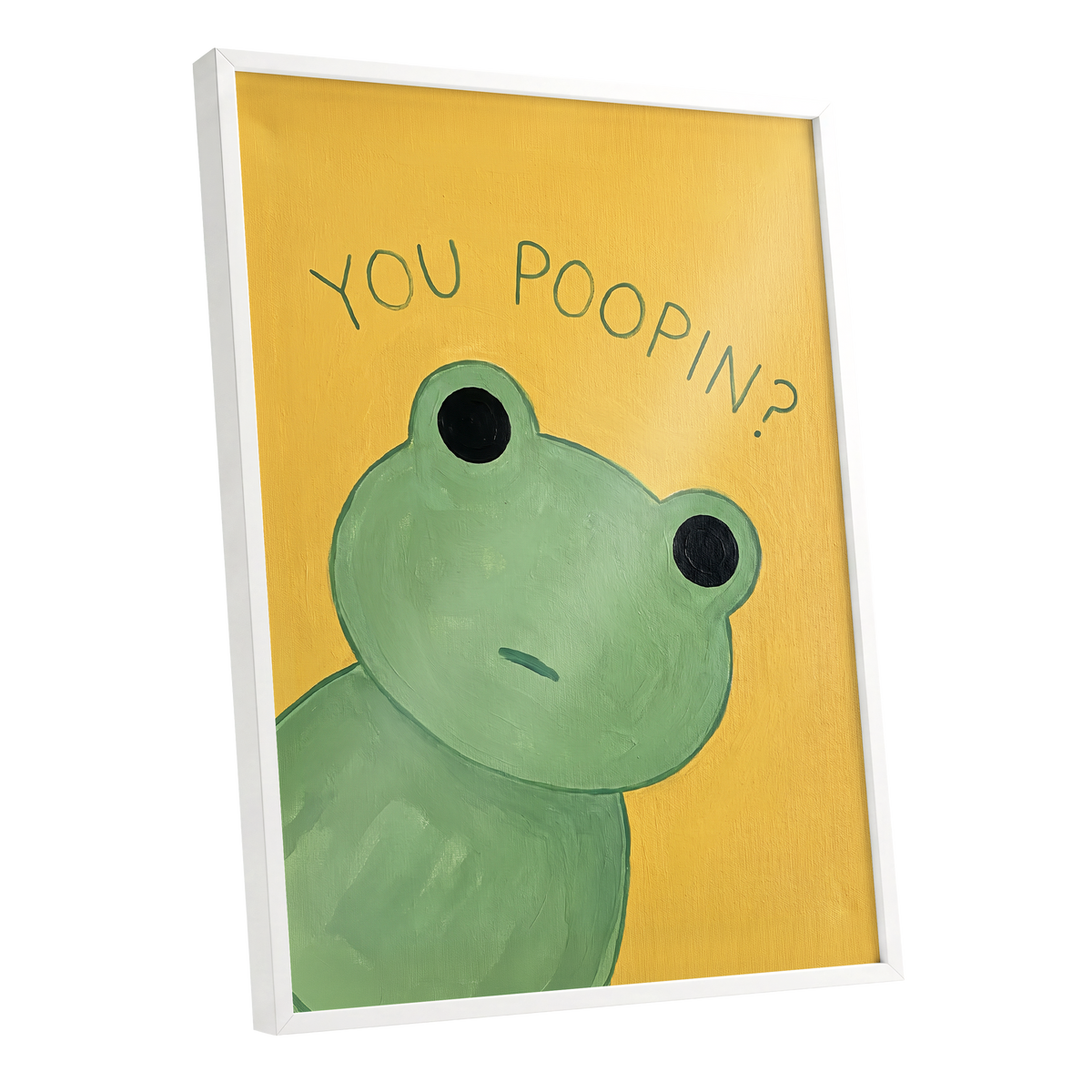 Poop Pending, green, yellow, black nature wall art shown as a white framed poster wall art print