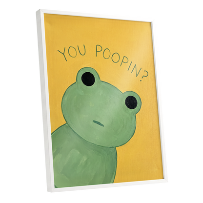 Poop Pending, green, yellow, black nature wall art shown as a white framed poster wall art print