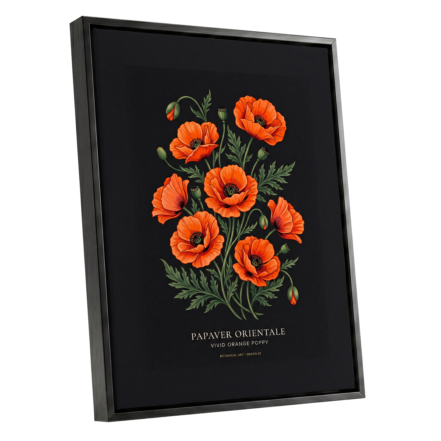 Poppies After Dark, black, green, orange floral wall art shown as a black framed canvas wall art
