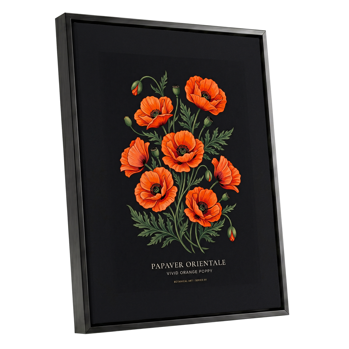 Poppies After Dark, black, green, orange floral wall art shown as a black framed canvas wall art