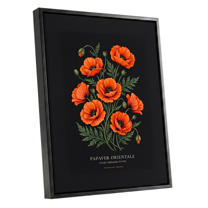 Poppies After Dark, black, green, orange floral wall art shown as a black framed canvas wall art