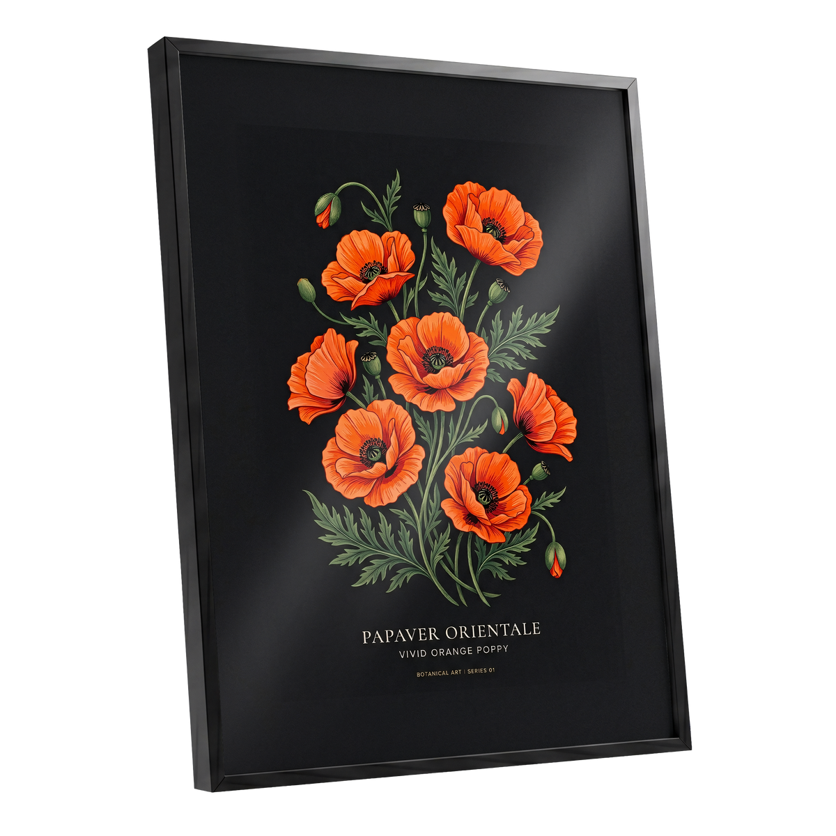 Poppies After Dark, black, green, orange floral wall art shown as a black framed poster wall art print