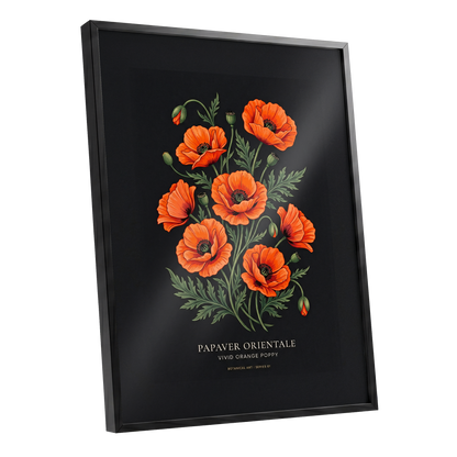 Poppies After Dark, black, green, orange floral wall art shown as a black framed poster wall art print