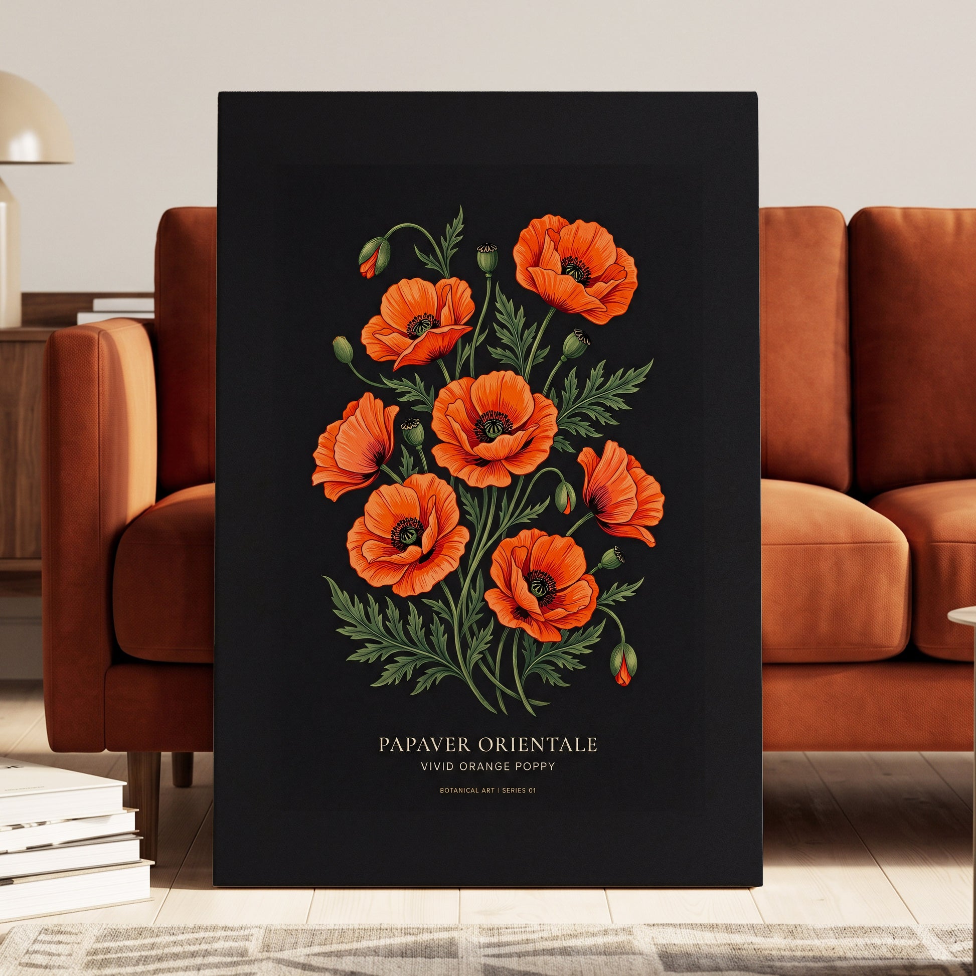 Poppies After Dark, black, green, orange floral wall art on canvas displayed in a styled interior, gallery view 1